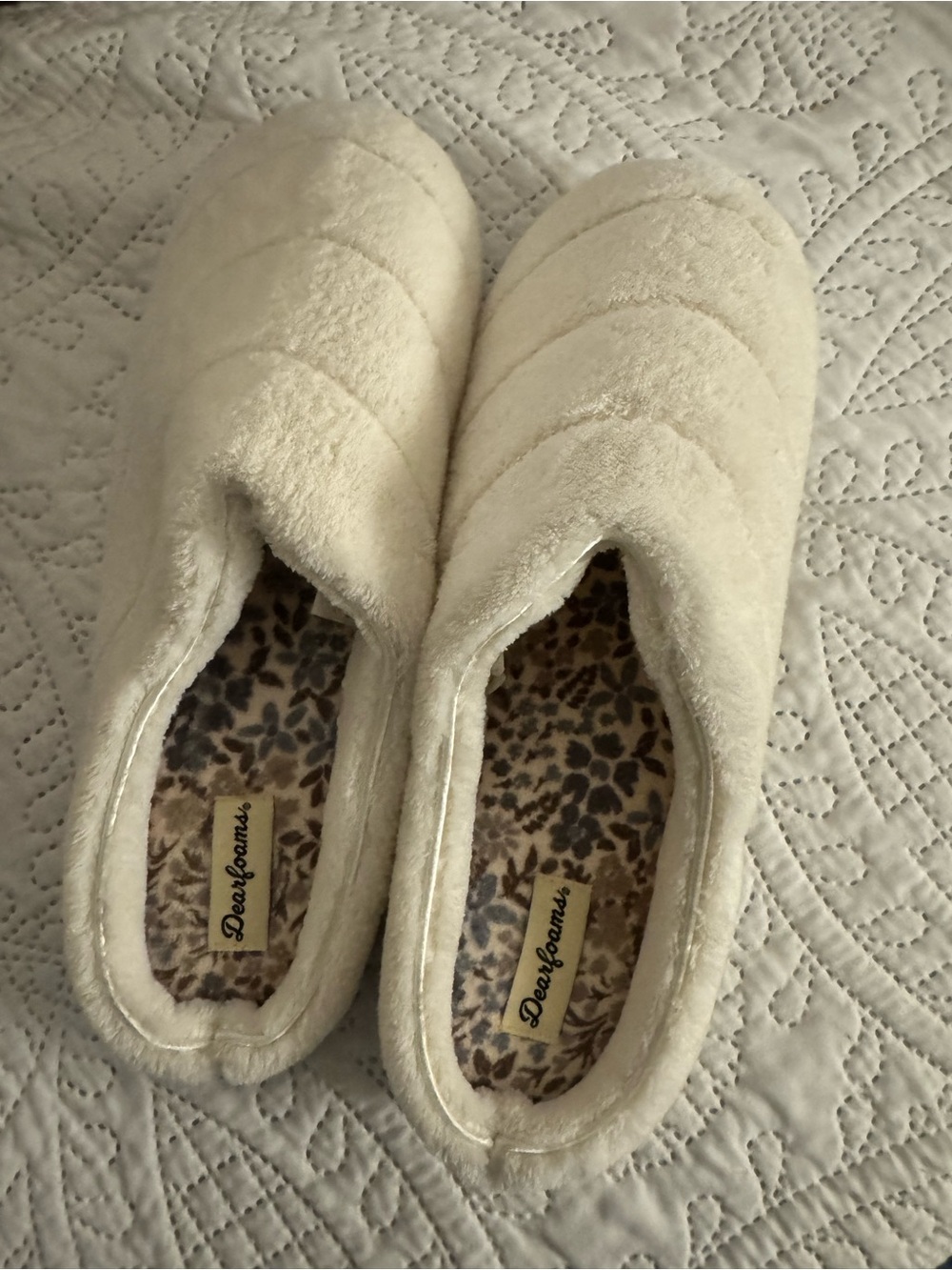 dearfoams Cream Plush Slip-On Slippers with Leopard Insole